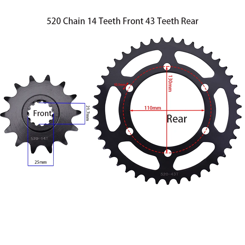 

520 Цепь мотоцикла, 14 зубьев, передняя задняя звездочка 43T, комплект для KAWASAKI EX Z 250 300 400 500 Eliminator Ninja250 Ninja300 Ninja