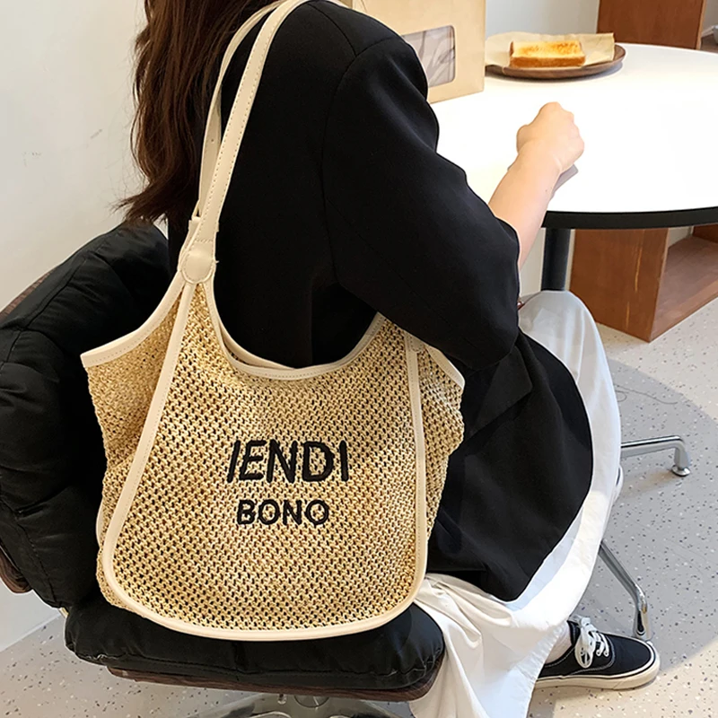 

Letters Printted Straw Woven Women Shoulder Bags Big Capacity Braid Shopper Bag Casual Commuting Women Totes Bag Straw Beach Bag