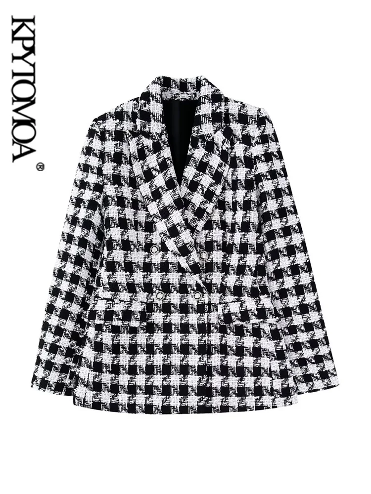 

KPYTOMOA Women Fashion Houndstooth Checkered Tweed Blazer Coat Vintage Long Sleeve Flap Pockets Female Outerwear Chic Veste