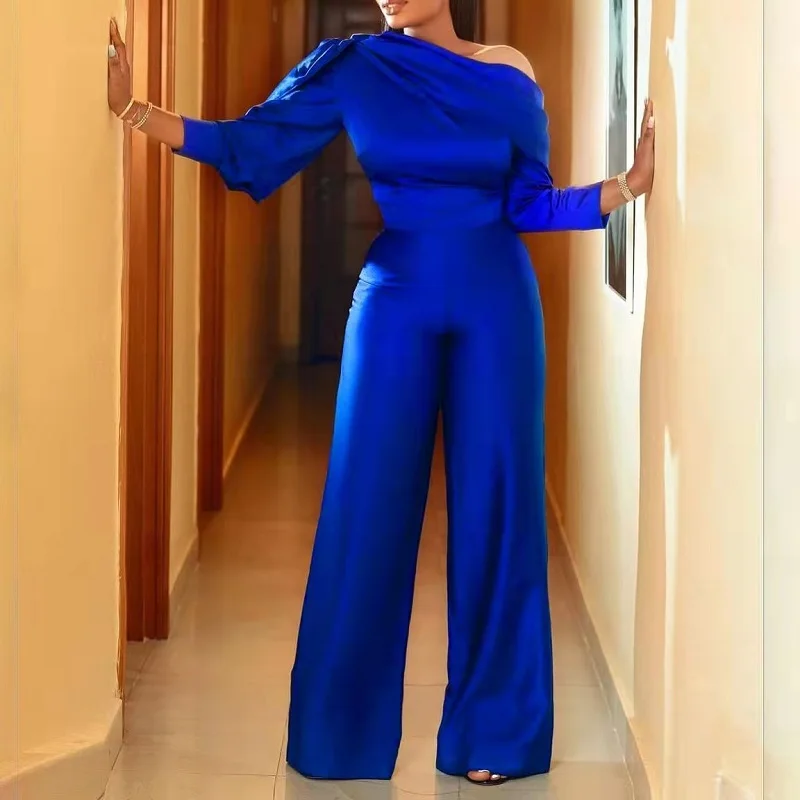 

Plus Size Straight Jumpsuit Solid Short Sleeve Combinations One Shoulder High Wait Ropa Summer Women Casual Elegant Jumpsuits