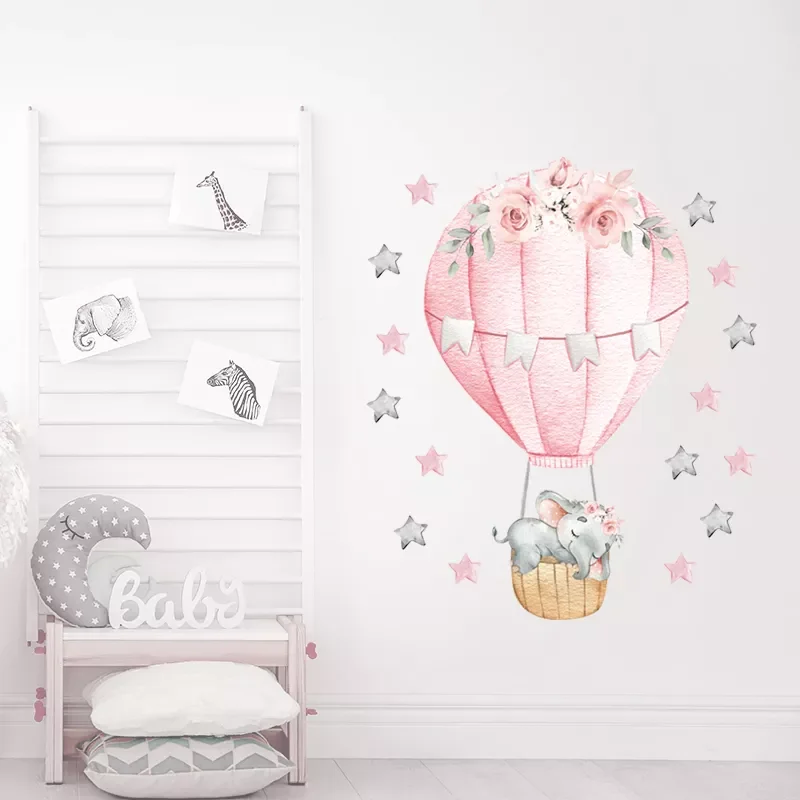 

Watercolor Pink Hot Air Balloon Wall Stickers for Baby Nursery Room Decoration Wall Decals Baby Elephant Home Decoration PVC