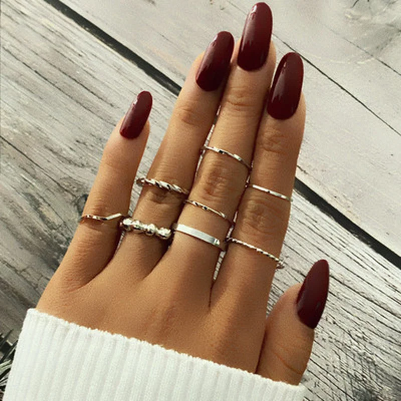 

New 8pcs Set Hiphop Rock Metal Geometry Circular Punk Rings Index Finger Accessories Buckle Joint Tail Ring for Women Jewelry