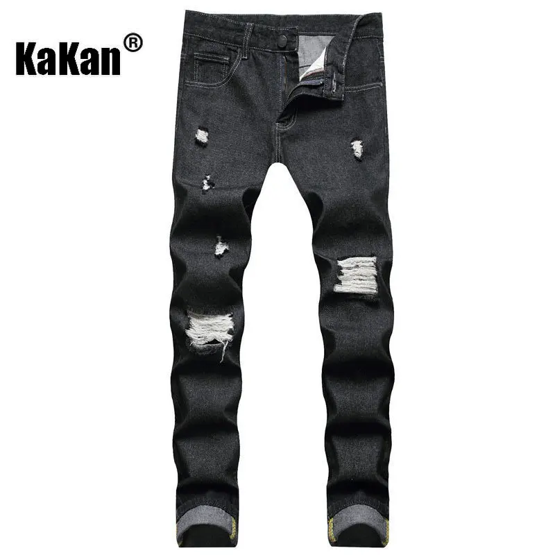 Kakan - European and American New Nostalgic Stir Fried Punctured Straight Leg Jeans Men's Wear, Casual Mid Waist Long Jeans 9237
