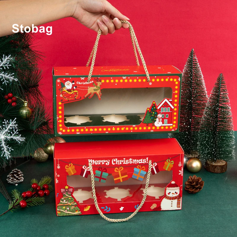 

StoBag 5/10pcs Marry Christmas Gift Box Handle Cupcake Baking Package Santa Claus Kids Child Holiday Happy Year Party Favors