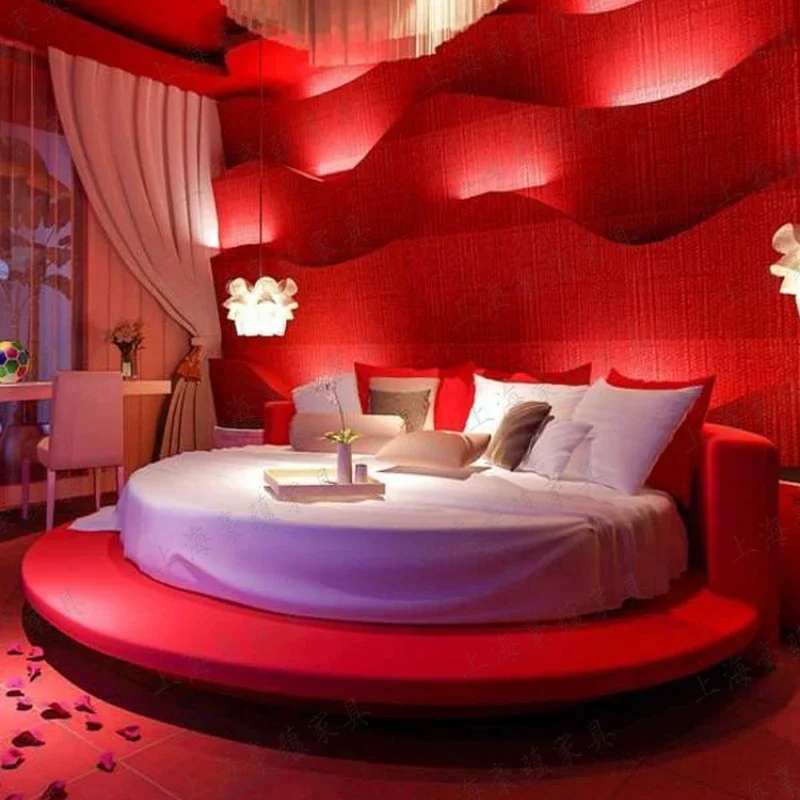 

Homestay Tatami Creative round Bed Double Couple Electric Bed Red Leather Art Hotel Marriage Bed Vibration Water Bed