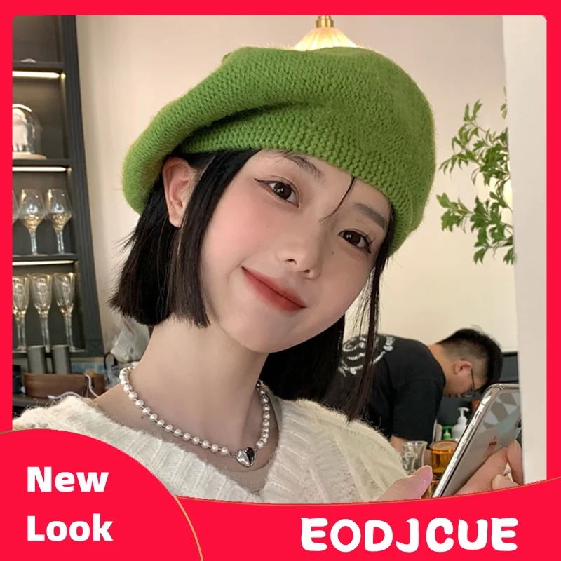 

Korean Version Knitted Beret Women Autumn and Winter Big Head Circumference Casual Painter Hat Green Versatile Octagonal Cap