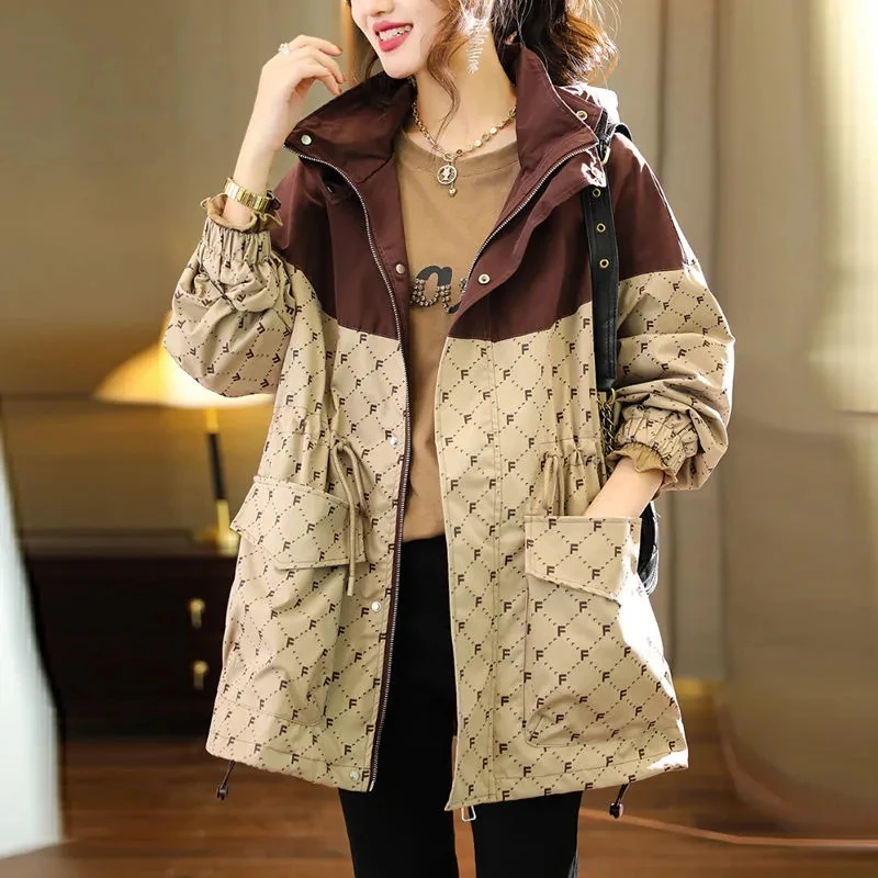 

New Hooded Letter-Printed Coat Women's 2023 Spring Autumn Loose Patchwork Trench Coats Casual Female Windbreak Long Overcoat 4XL