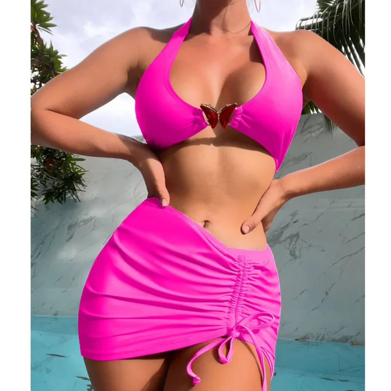 

Solid Color Sexy 3Pcs Bikinis Push Up Women Swimwear Female Swimsuit Swim With Bathing Suit Bikini Set Beachwear Pool Bather