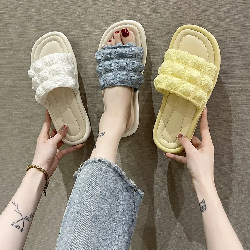 

Female Shoes Ladies' Slippers Luxury Slides Summer Clogs Woman 2022 Designer Soft Beach Flat PU Rome Cotton Fabric Basic