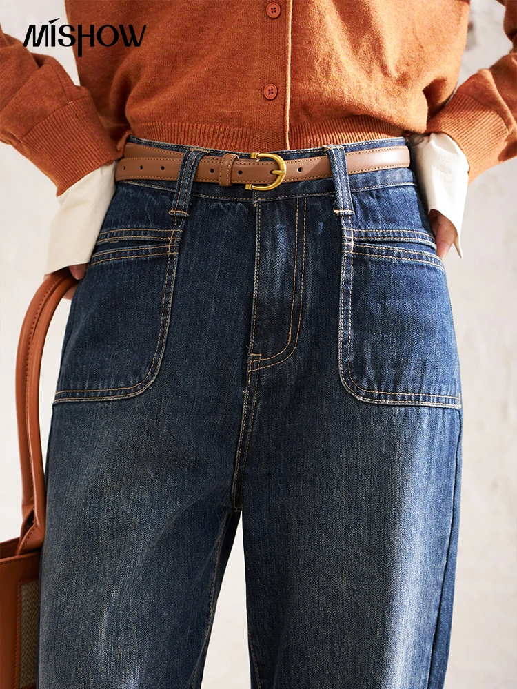 o wysokiej talii dżinsy retro dla kobiet 2024 wiosenny brzeg dwuwarstwowe kieszenie z surowymi krawędziami kobiece luźne spodnie szerokimi
