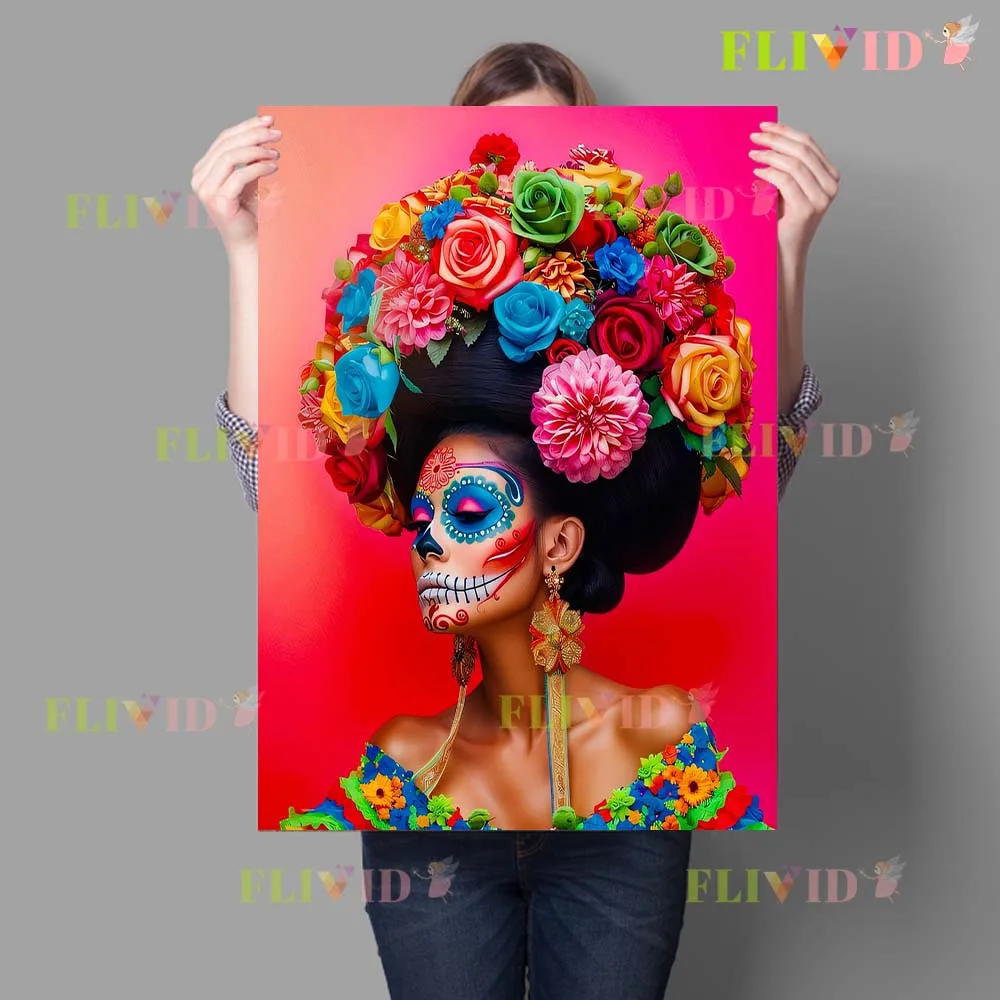 Мексиканский день мертвых цветы призрак лицо девушка женщина плакат настенная