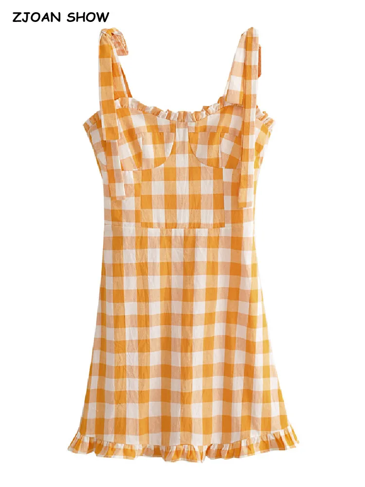 

Женское мини-платье в клетку, желтое клетчатое платье в стиле ретро с оборками в виде деревянных ушей на Подоле и бантом на бретельках, празд...