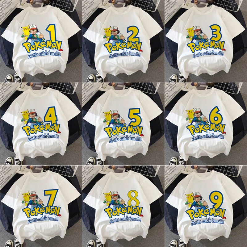 Pokemon Pikachu T Shirt Kids Birthday Number 1-12TH Children Tee Shirts Anime Cartoon Kids Boy Girl T-shirt Casual Clothes Tops