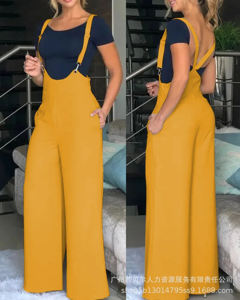 Elegant Office Jumpsuit Women Summer Beige High Waisted Fashion Casual Pocket Design Wide Leg Trousers Lady Rompers 2023 New