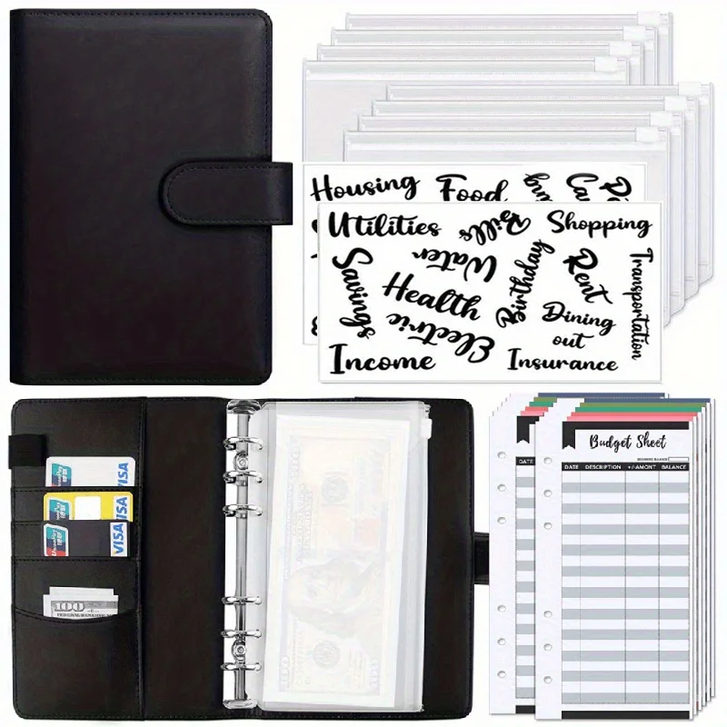 

A6 PU Leather Budget Binder Notebook Cash Envelopes System Set with Binder Pockets For Money Budgets Saving Bill Organizer Gifts