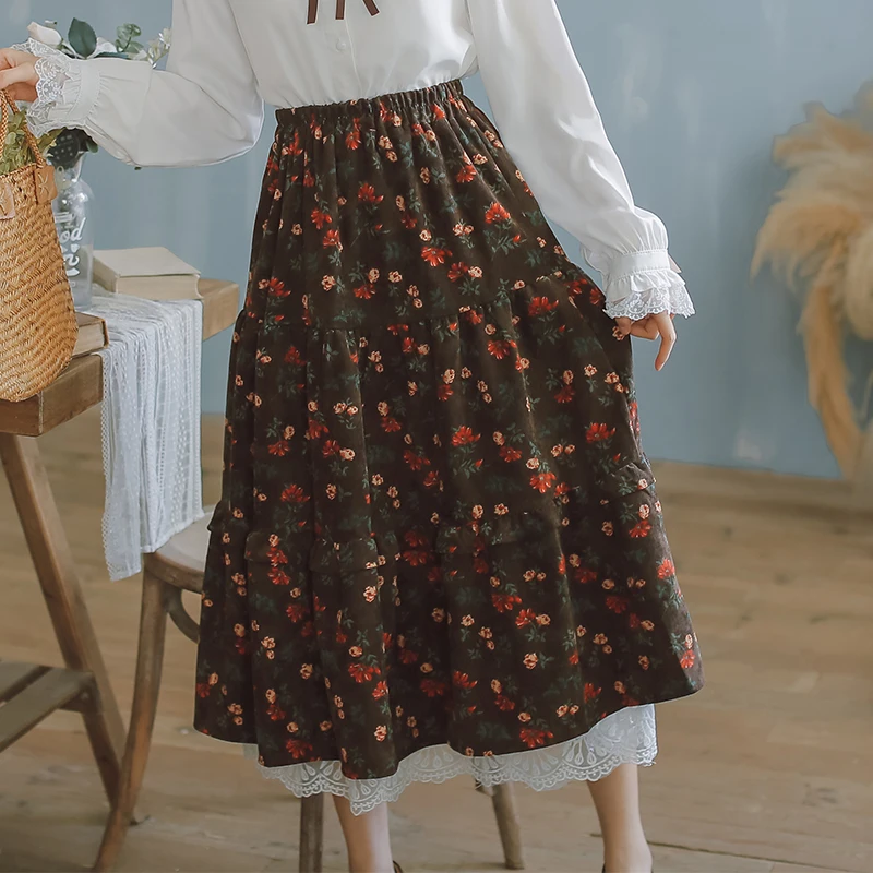 

Japanese Girl Midi Skirt High Waist Navy Blue Brown Floral Skirt with Lace Ruffles Women Vintage Elegant Corduroy Skirts