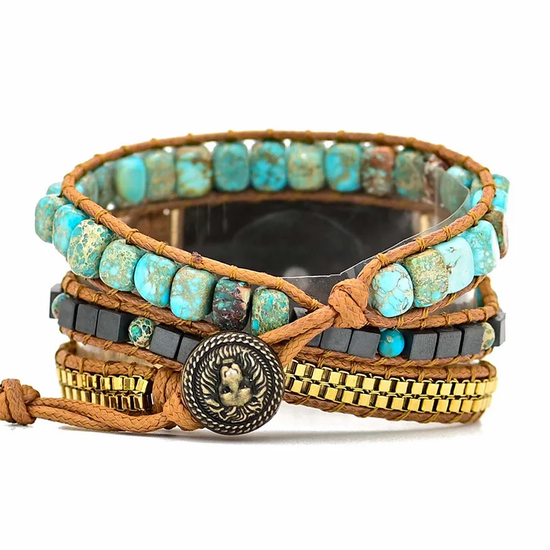 Boho Handmade Turquoise Stone Bracelet Strap for Apple Watch Retro Mixed Natural Stones Jewelry Multi Wrap Bracelet Gift