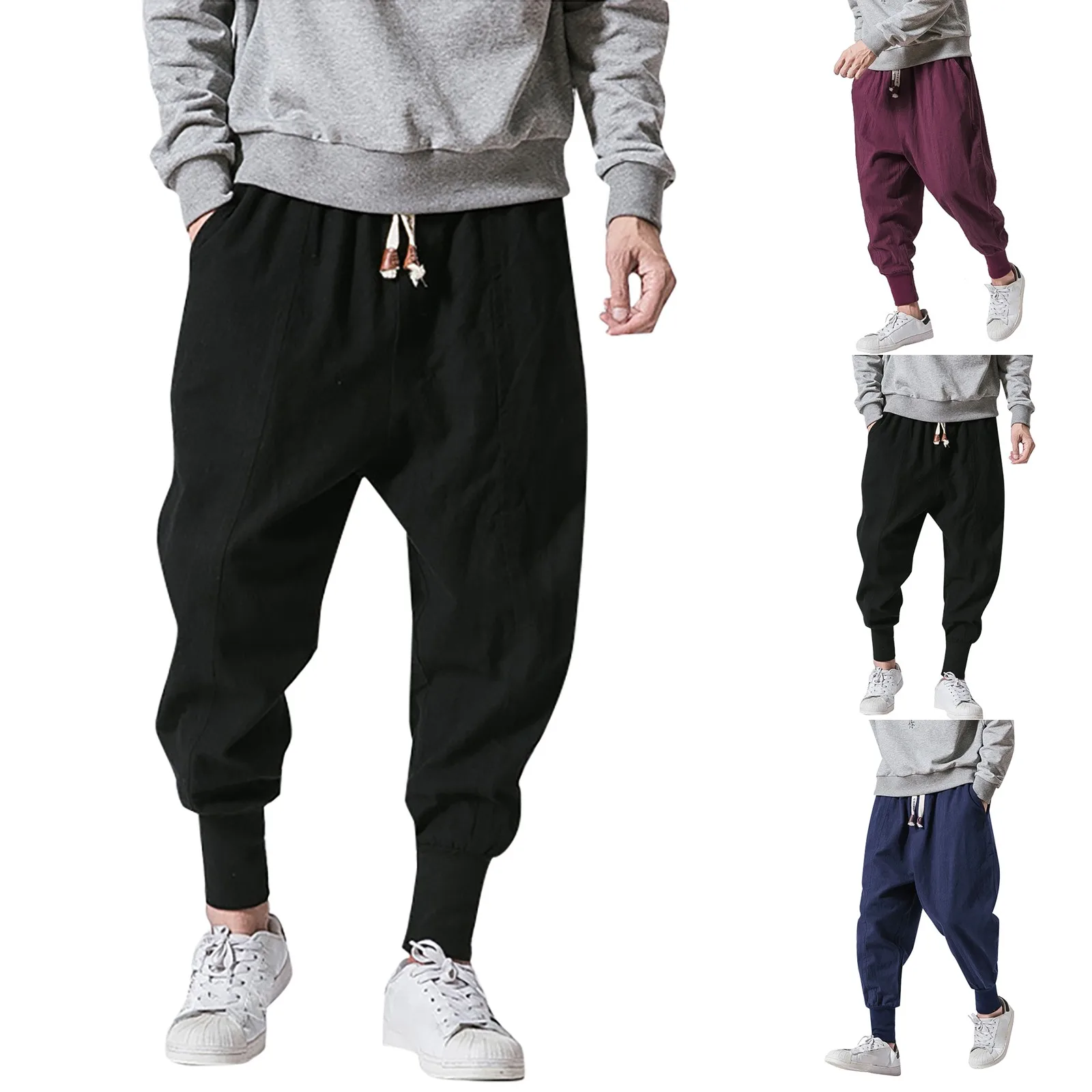 

Men Trousers Joggers Drop-crotch Cotton-linen Pants Waist Elastic Solid Casual Men's pants