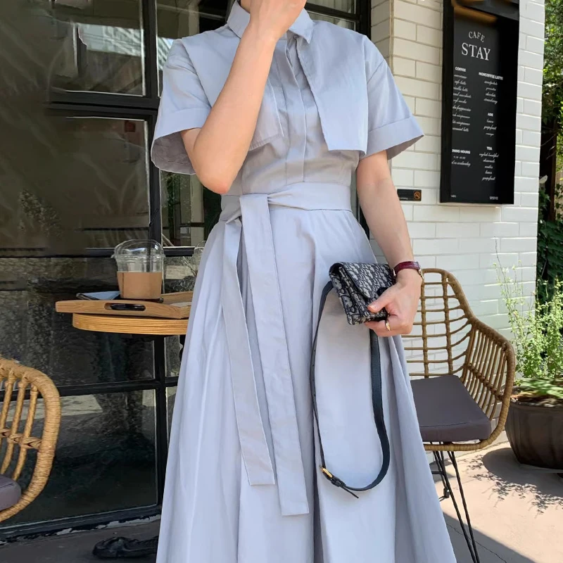 

Clothland Women Elegant Shirt Dress White Blue Short Sleeve Single Breasted Belt A Line Summer Midi Dresses Mujer QC851