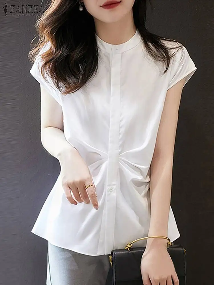 

ZANZEA Korean Fashion Ruched Blouses Women Elegant Short Sleeve Office Lady Blusas Summer 2023 Solid Tunic Tops Casual Shirts