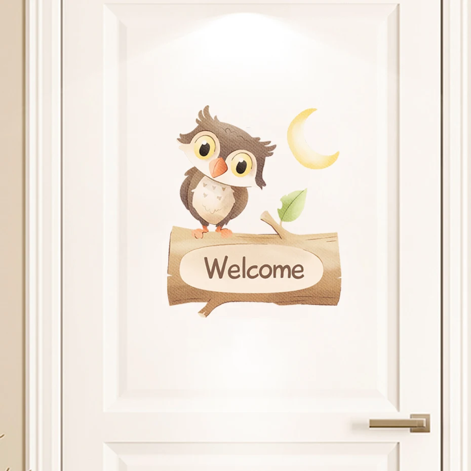 

Cartoon Cute Welcome Owl Wall Sticker Kids Room Door Decoration Mural Bedroom Entrance Home Decor Self Adhesive Wallpaper