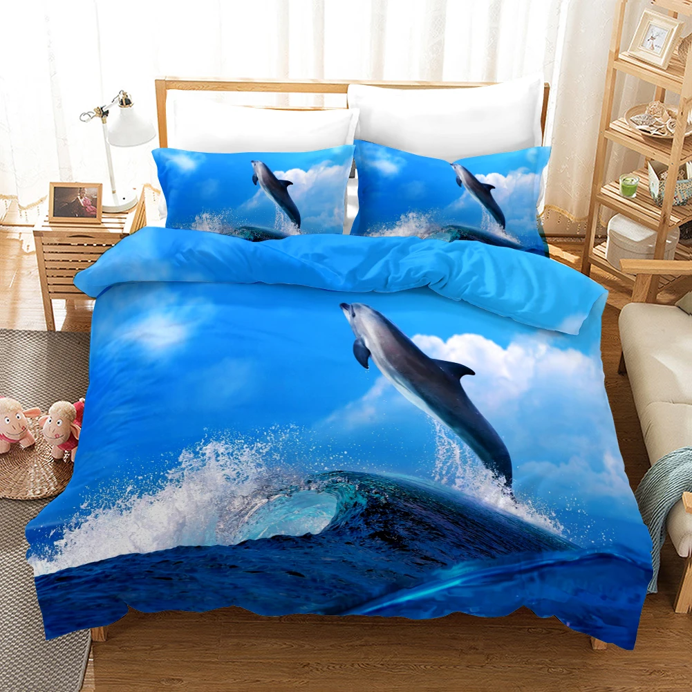 

Dolphin Duvet Cover Set 3D Dolphins Jumping Bedding Set Polyester Sea Animal Theme For Teens Double Queen King Size Quilt Cover