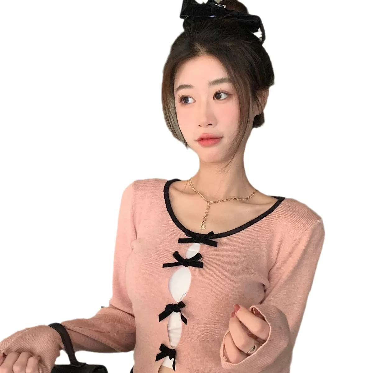 Pure Desire Эстетический вязаный топ с круглым вырезом и длинными рукавами женский