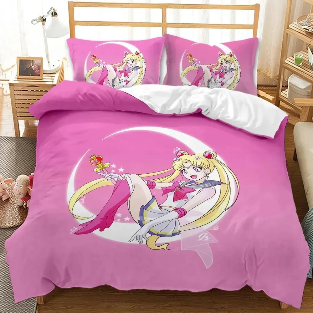 2024 Kawaii Sailor Moon Bedding Set for boys Girls Luxury Duvet Cover Pink Comforter Double with