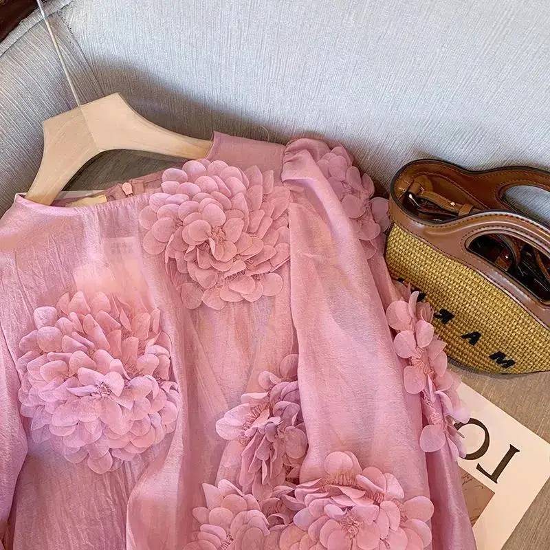 Женские рубашки шикарные розовые с трехмерными цветами Новинка весенне-летние