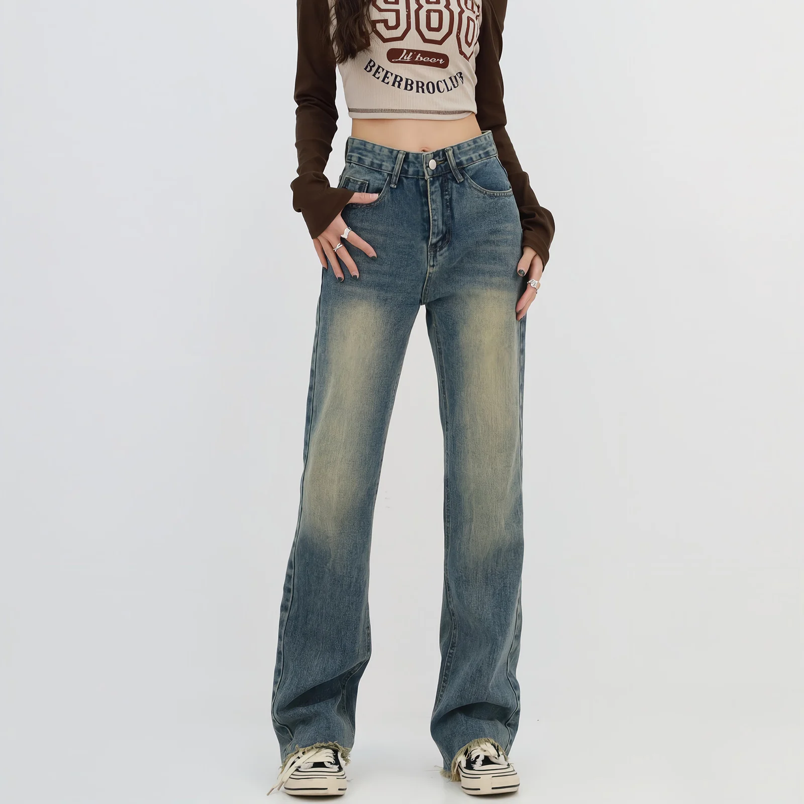 

Винтажные женские джинсы с завышенной талией Y2k, уличная одежда в американском стиле, дизайнерские штаны со звездами, свободные прямые широкие брюки-клеш