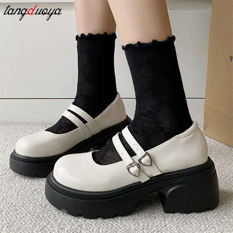 

Туфли женские на платформе, повседневная обувь с пряжкой в форме сердца, туфли Лолиты, Мэри Джейн, бежевые