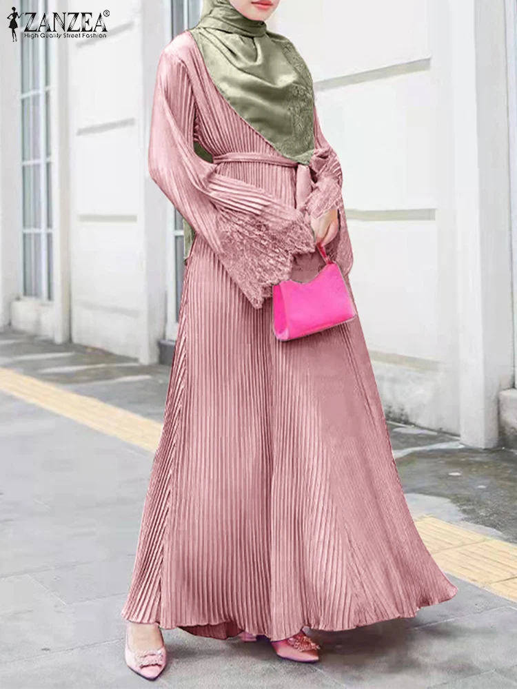 

Элегантное женское платье-макси ZANZEA в мусульманском стиле с расклешенными рукавами, Осенний кружевной плиссированный сарафан в стиле пэчворк, Abaya, хиджаб, одежда в исламском стиле