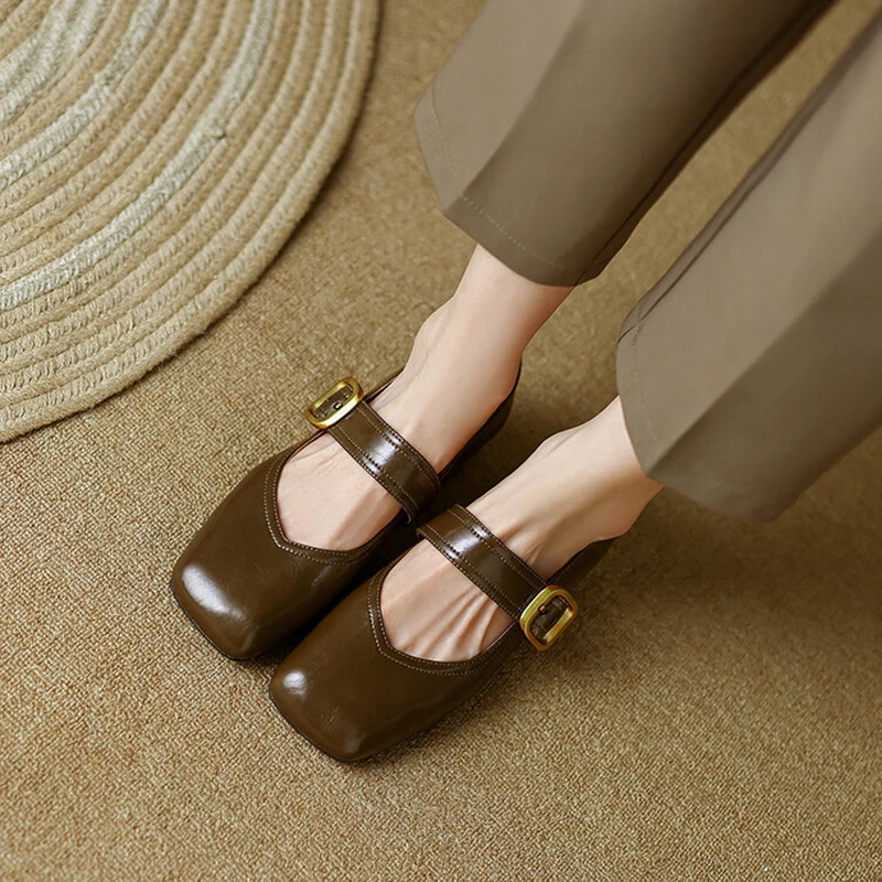 

NEW Spring/Fall Women Shoes Square Toe Chunky Heel Shoes Split Leather Mary Janes Solid Pumps Retro Women Shoes Plus Size Shoes