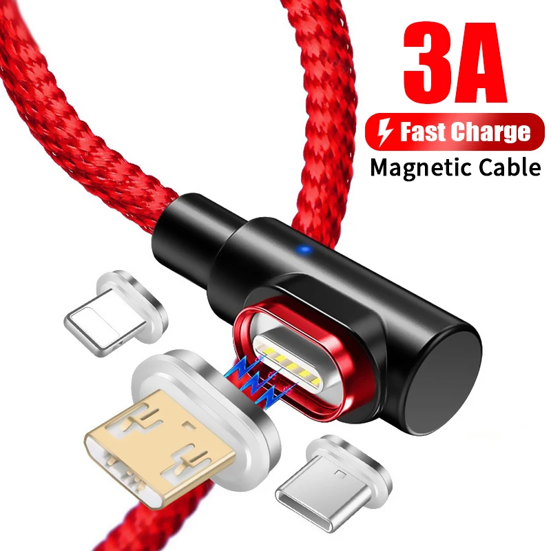 

90 Degree Elbow Magnetic USB Cable 3A Fast Charging LED Data Cord For iPhone 12 Pro Max Xiaomi Samsung Mobile Phone Charge Cable