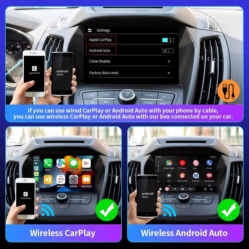 EKIY Wireless CarPlay Dongle 2-в-1 Android Auto Адаптер AI Smart Box Для Автомобильных Интеллектуальных