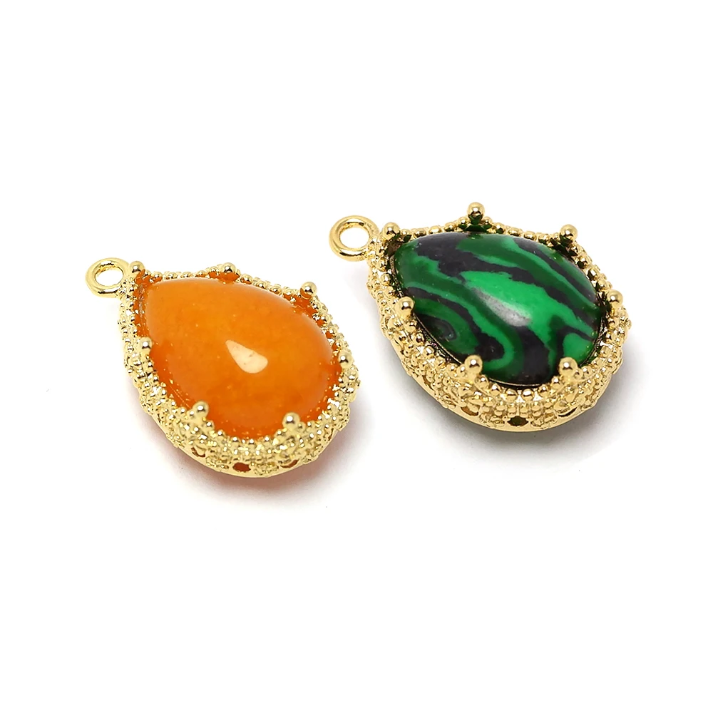 

2pcs Orange Crown Charms,24K Gold Plated Brass Pendant,Two Sided Green Teardrop Gemstone Charms,Necklace Making Accessories