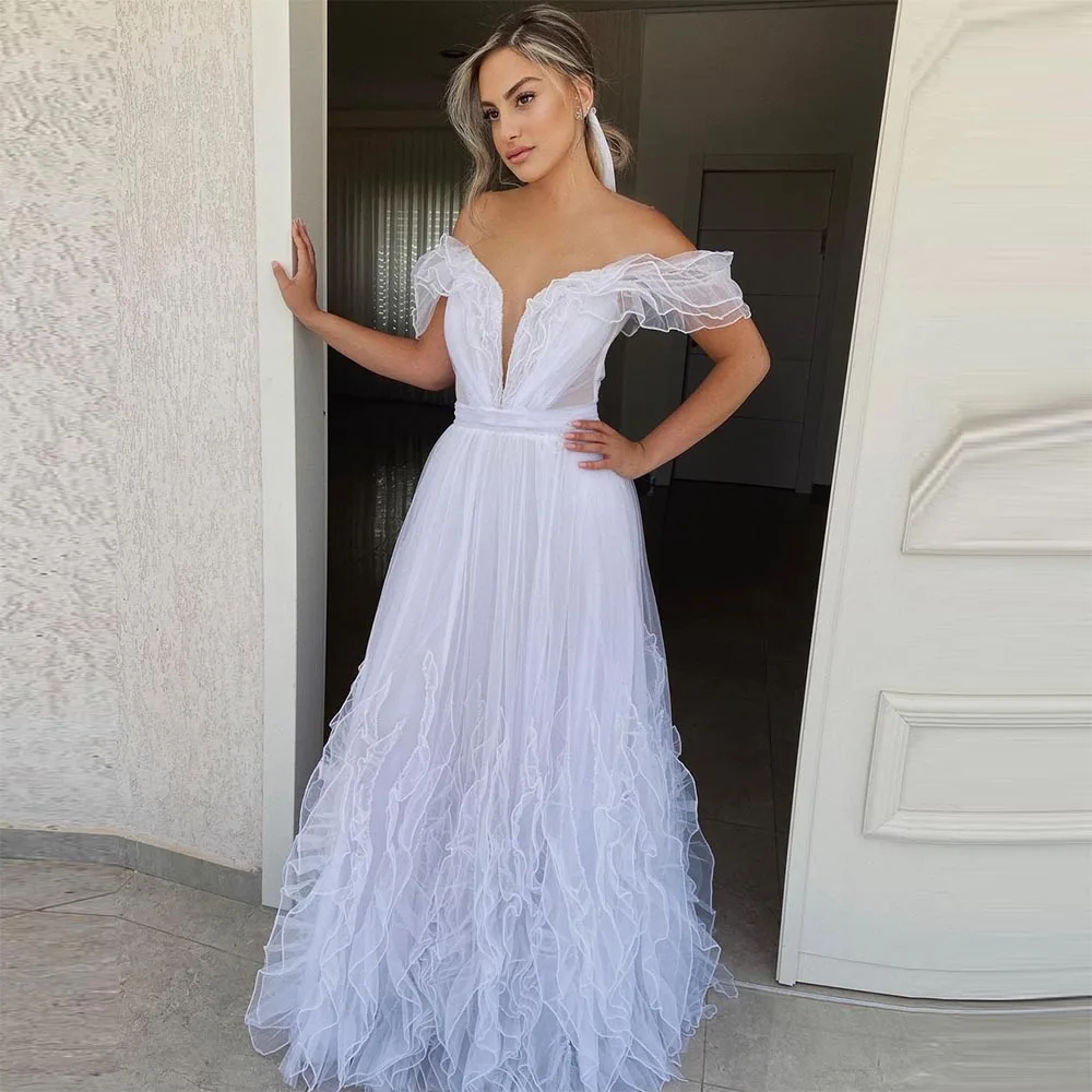 

Sevintage Modern Wedding Dresses V-Neck Off the Shoulder Tiered Ruffled A-Line Pleat Wedding Gown Princess Bridal Gowns 2022