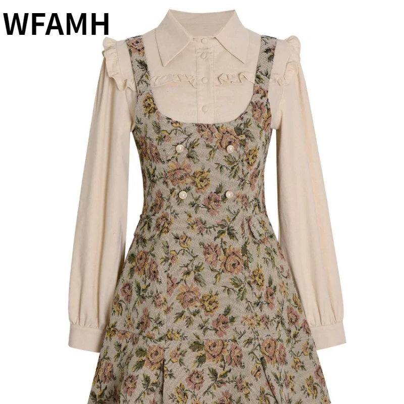 

Элегантное винтажное Цветочное платье WFAMH, женские платья с имитацией двух частей в стиле пэчворк, шикарные корейские модные женские платья...