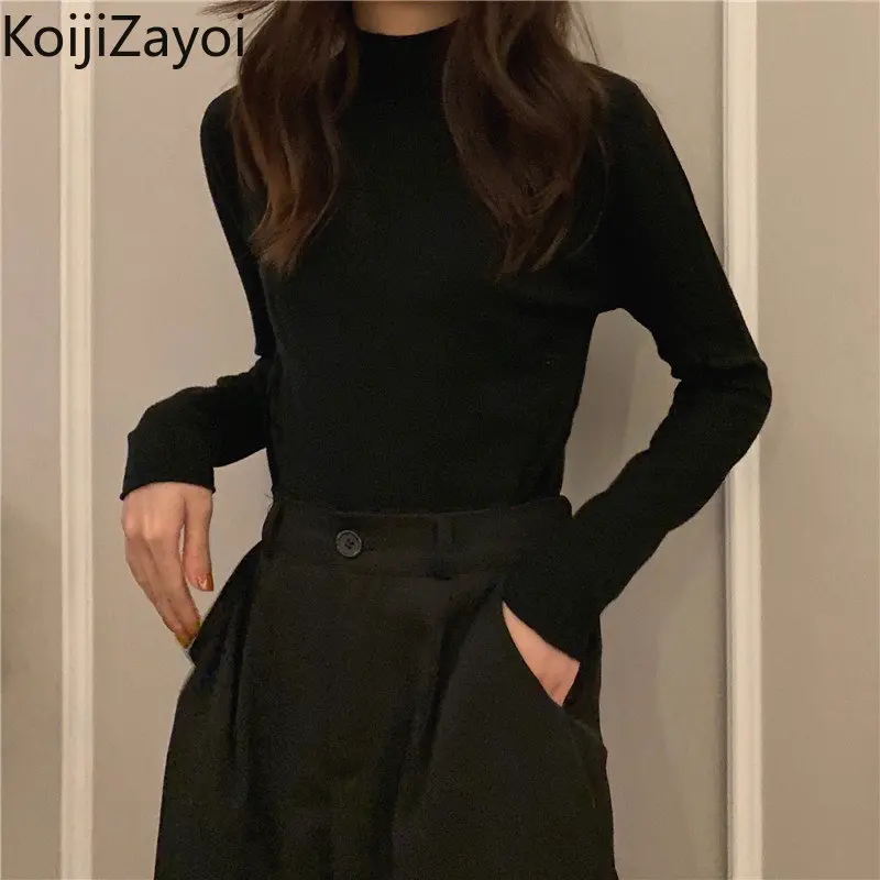 

Koijizayoi Autumn Winter Women Solid Slim Pullovers Office Lady Fashion Half Turtleneck Long Sleeves Tees Shirt Knitwear Tops