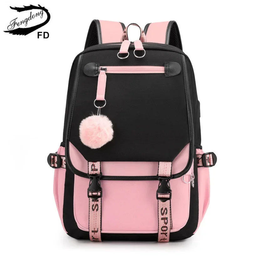 

Fengdong large school bags for teenage girls USB port canvas schoolbag student book bag black pink teen school backpack