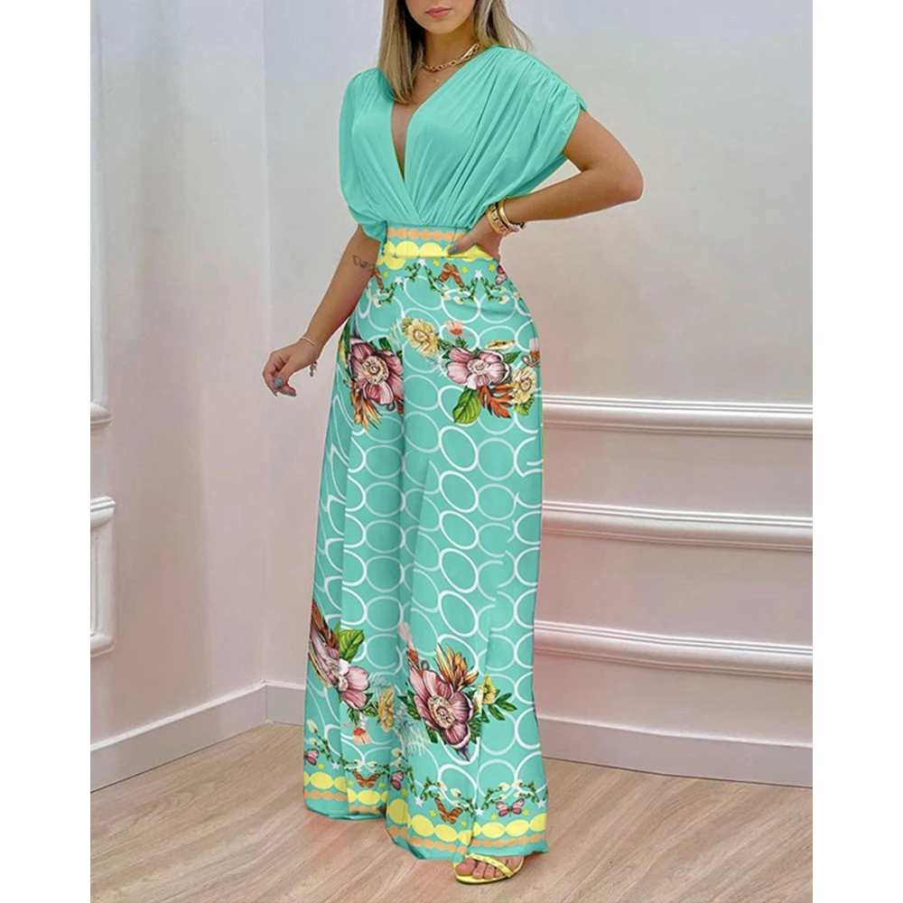 2023 Casual Women Floral Print Crop Top & High Waist Wide Leg Pants Set Summer Femme Two Pieces Suit Set Outfits Korean Style