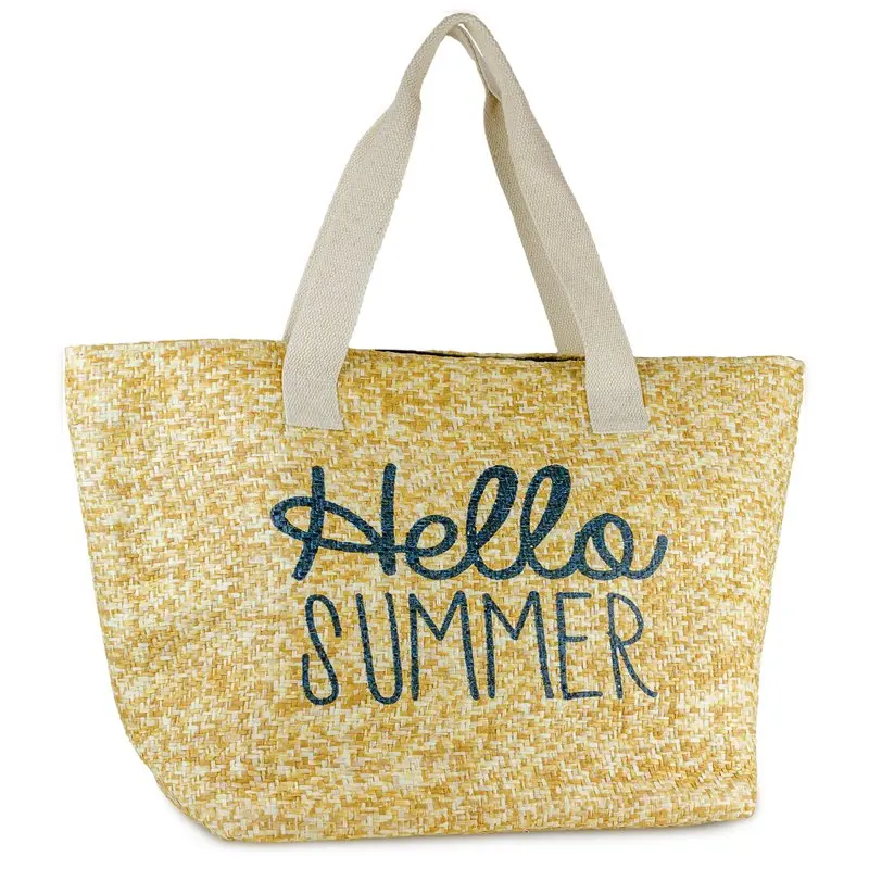 

2023 NEW Women`s Hello Summer Insulated Paper Straw Verbiage Beach Tote Bag with Flat Handel travel bag