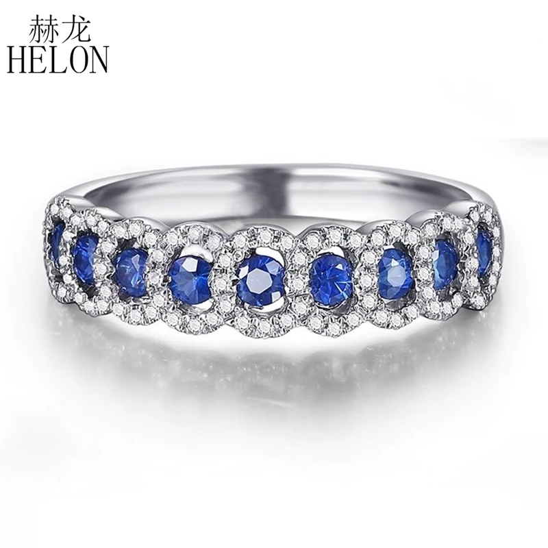 

HELON Solid 18K White Gold 0.95ct Genuine Sapphires Diamonds Gemstone Anniversary Wedding Ring Women Classic Fine Jewelry