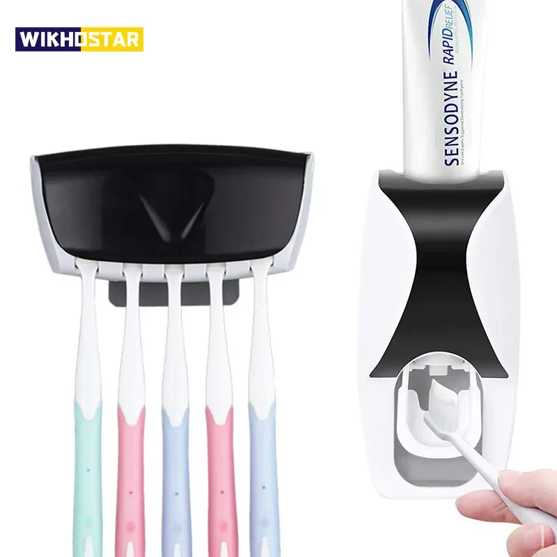 

Accoessories Set Toothbrush Holder Wall Mount Automatic Toothpaste Dispenser Squeezer Dust-proof Toothbrush Holder