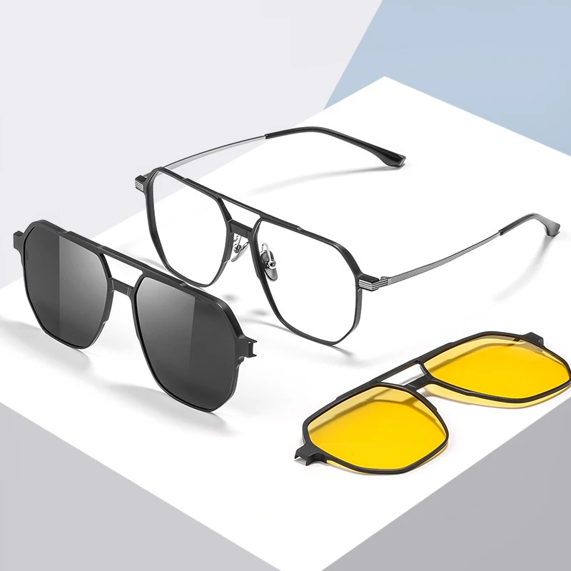 3 In 1 Men Fashion Square Aluminum Magnesium Glasses Frame With Polarized Clip On Sunglasses And Night Vision Pure Titanium Legs