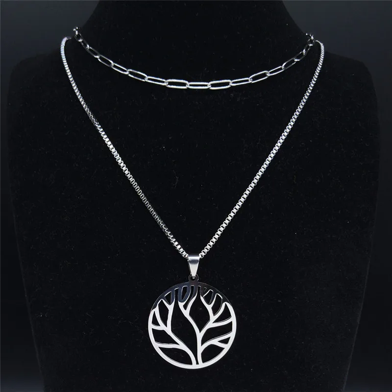 

Tree of Life Stainless Steel Punk Necklaces For Women/Men Silver Color Layered Necklace Chain Jewelry gargantilla N4118S07