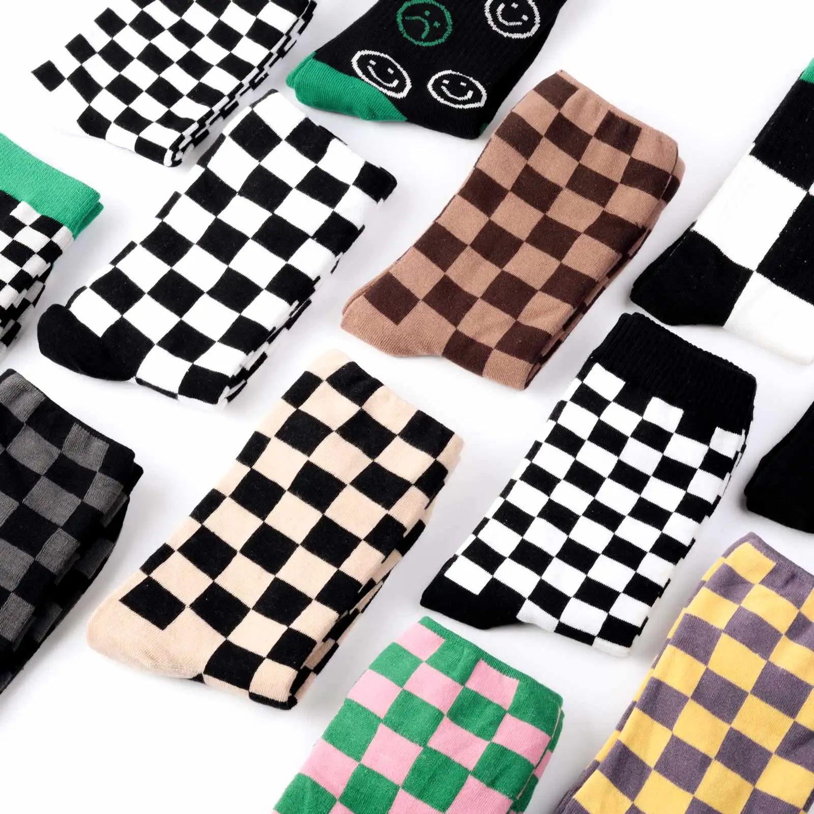 

Women Socks Cotton Hip Hop Smiley Geometric Plaid Harajuku Smiling Face Girl Lady Happy Kawaii Skating Checkerboard Funny Socks