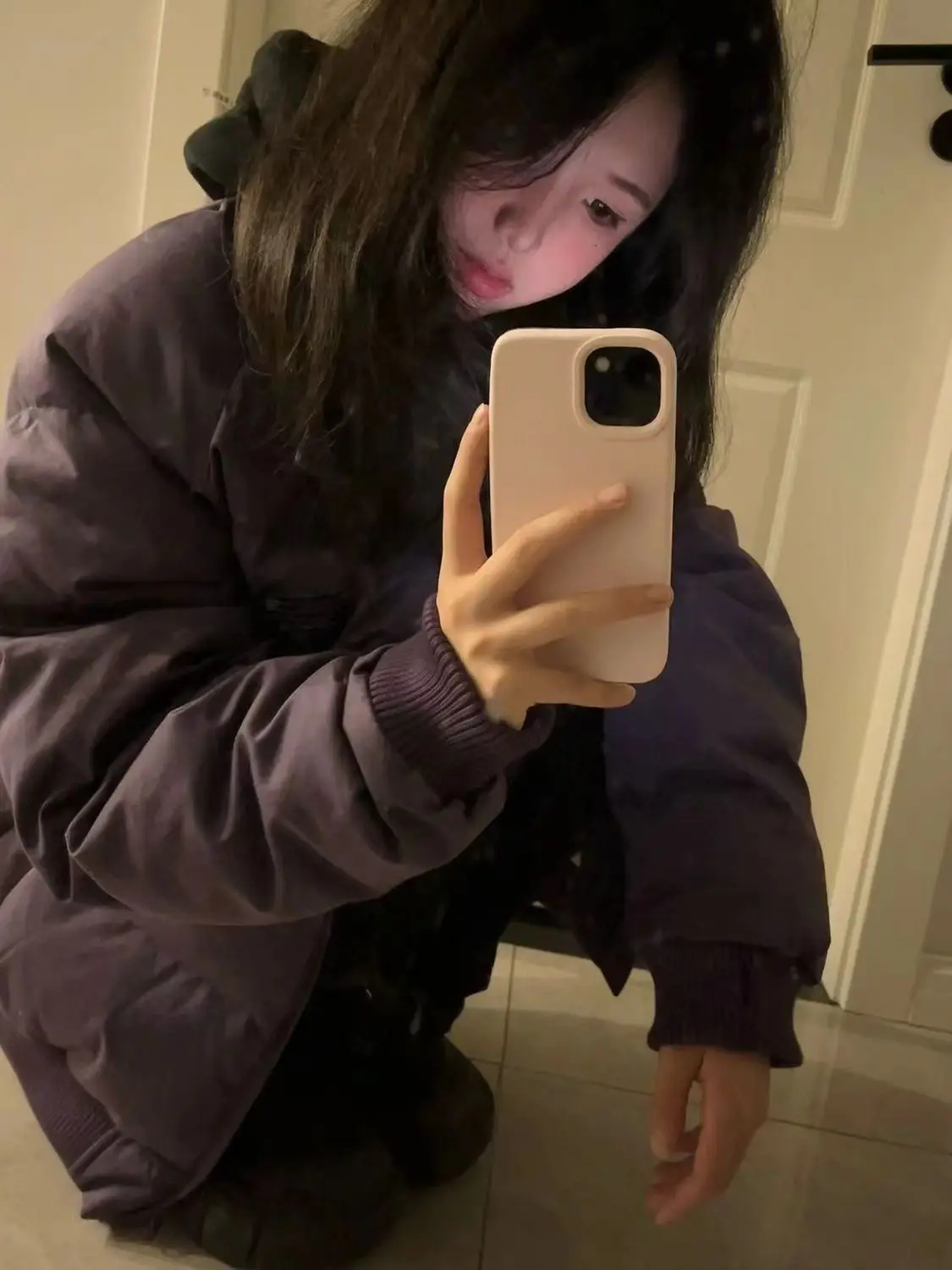 Женские однотонные ретро фиолетовые стеганые куртки с воротником-стойкой зимние