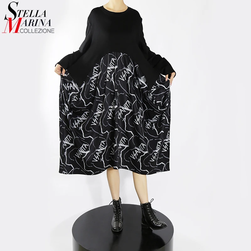

New Autumn Woman Long Sleeve Mid Calf Length Black Printed Dress Straight Plus Size Female Casual Loose Style Robe Femme MJ2211