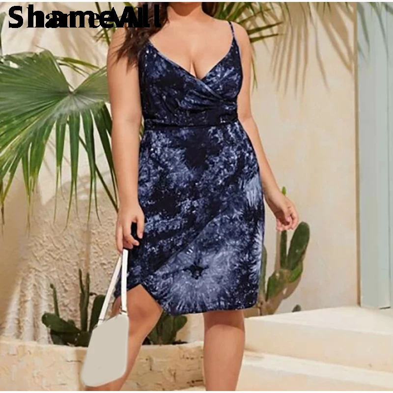

Plus Size Tie-dye Wrp Draped Spaghetti Strap Midi Dress 4XL Summer Elegant Women Sleeveless Sling Backless Dress Vestidos Mujer